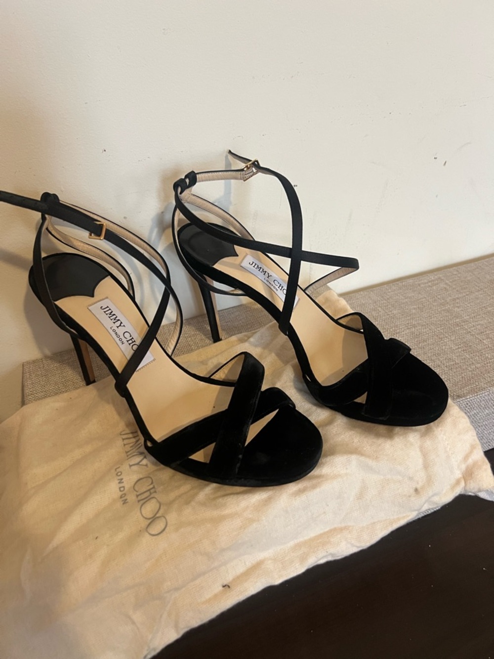 Jimmy Choo Black Velvet Strappy Stiletto Sandals